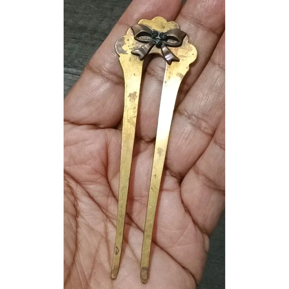 Antique Victorian Brass Bow Black Rhinestone Accent Hair Fork Pin